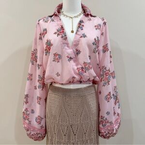 Pink Floral Open Back Chiffon Crop Top Romantic Bohemian Size M